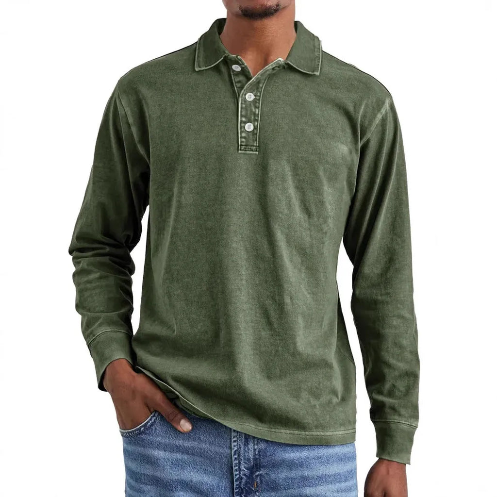 Men's retro washed pure cotton long sleeve polo shirt with a distressed lapel in army green