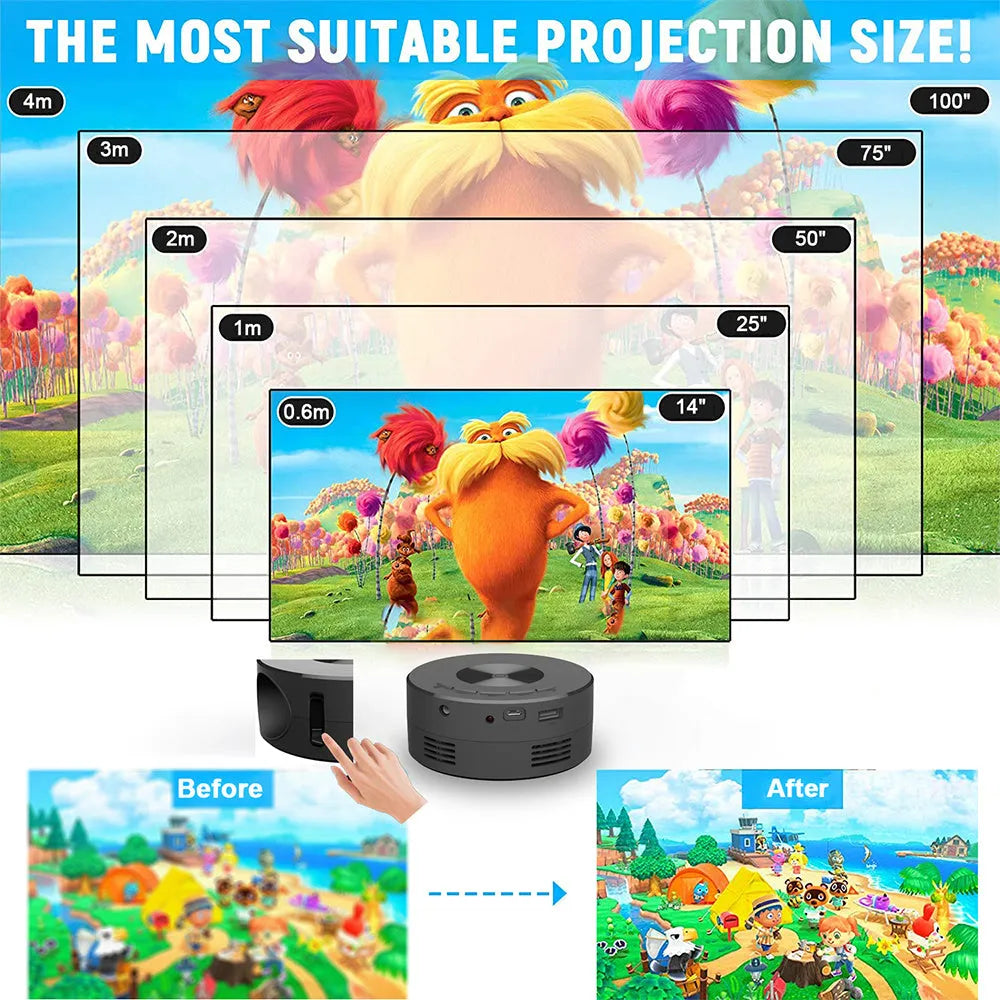 Black mini portable children's projector for mobile phones measuring 110mm
