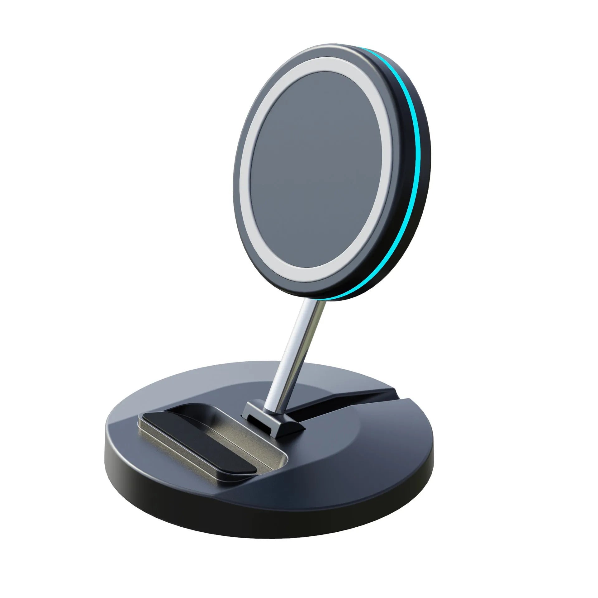 Folding magnetic wireless charging stand for iPhone 12 showing collapsed and extended positions