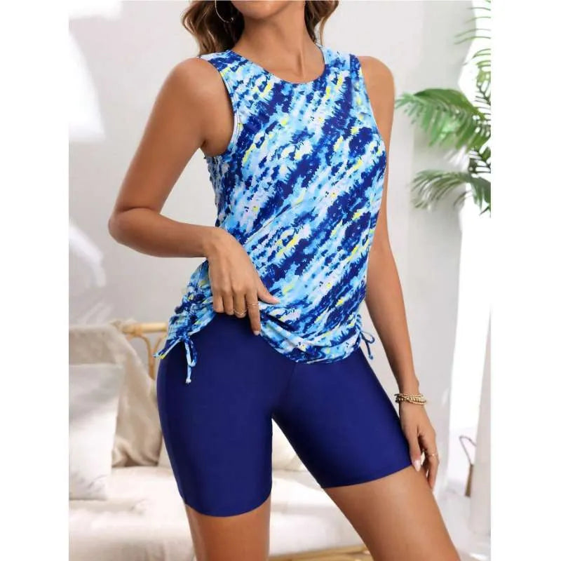Sexy print high waist boxer vest tankini slimming swimsuit for women in blue and green