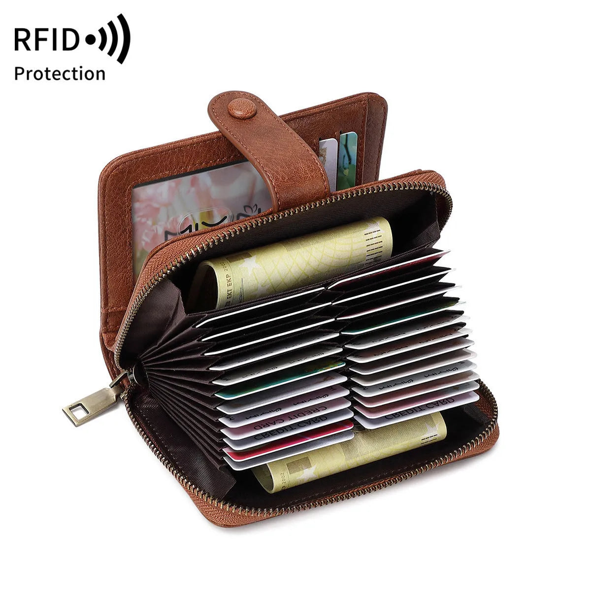 Leopard print multifunctional zipper wallet showing card slots and contrast stitching details