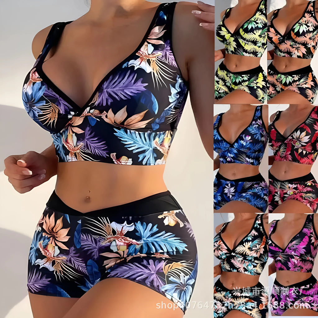 Women's two-piece swimsuit with printed boxer briefs and sleeveless top in polyester fabric