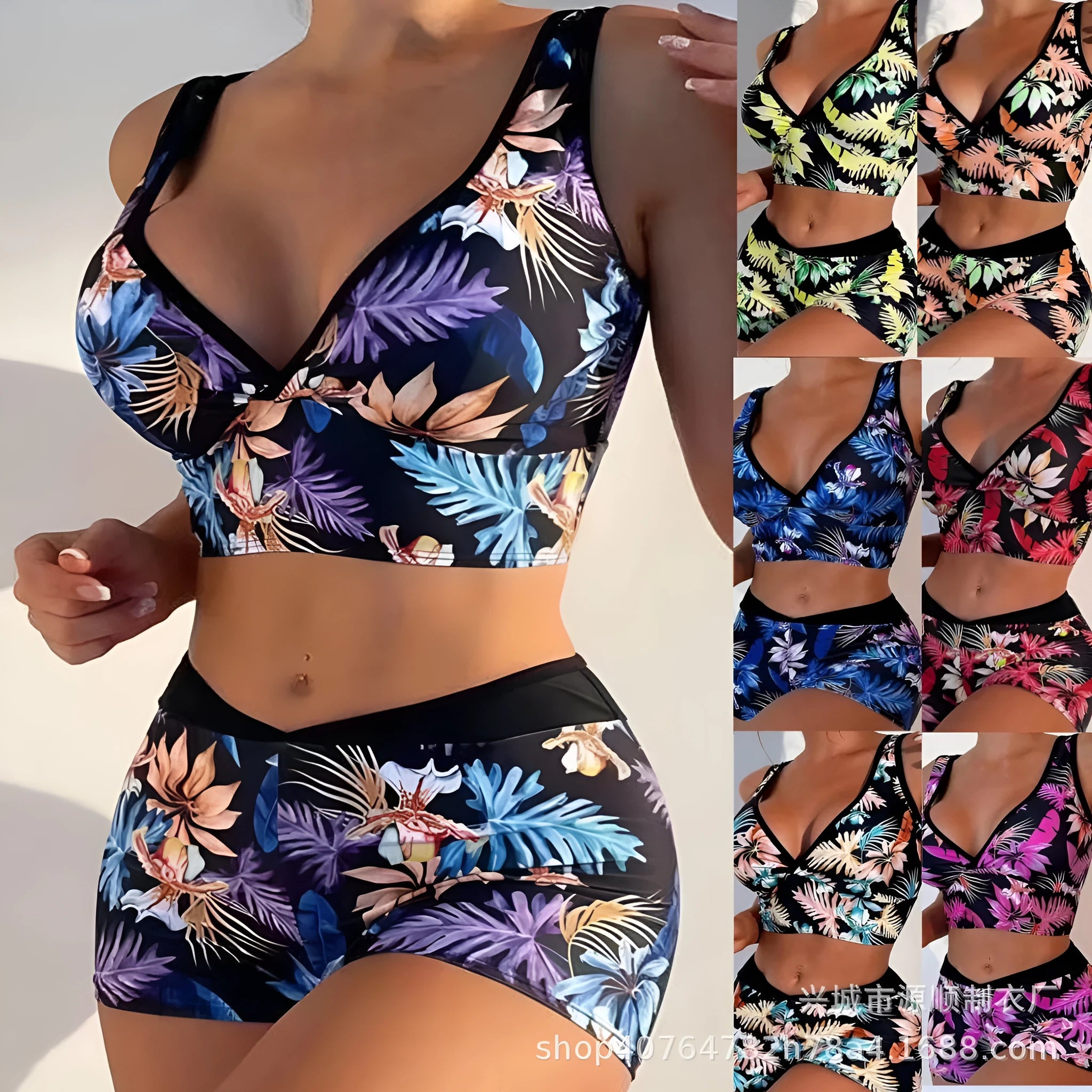 Women's two-piece swimsuit with printed boxer briefs and sleeveless top in polyester fabric