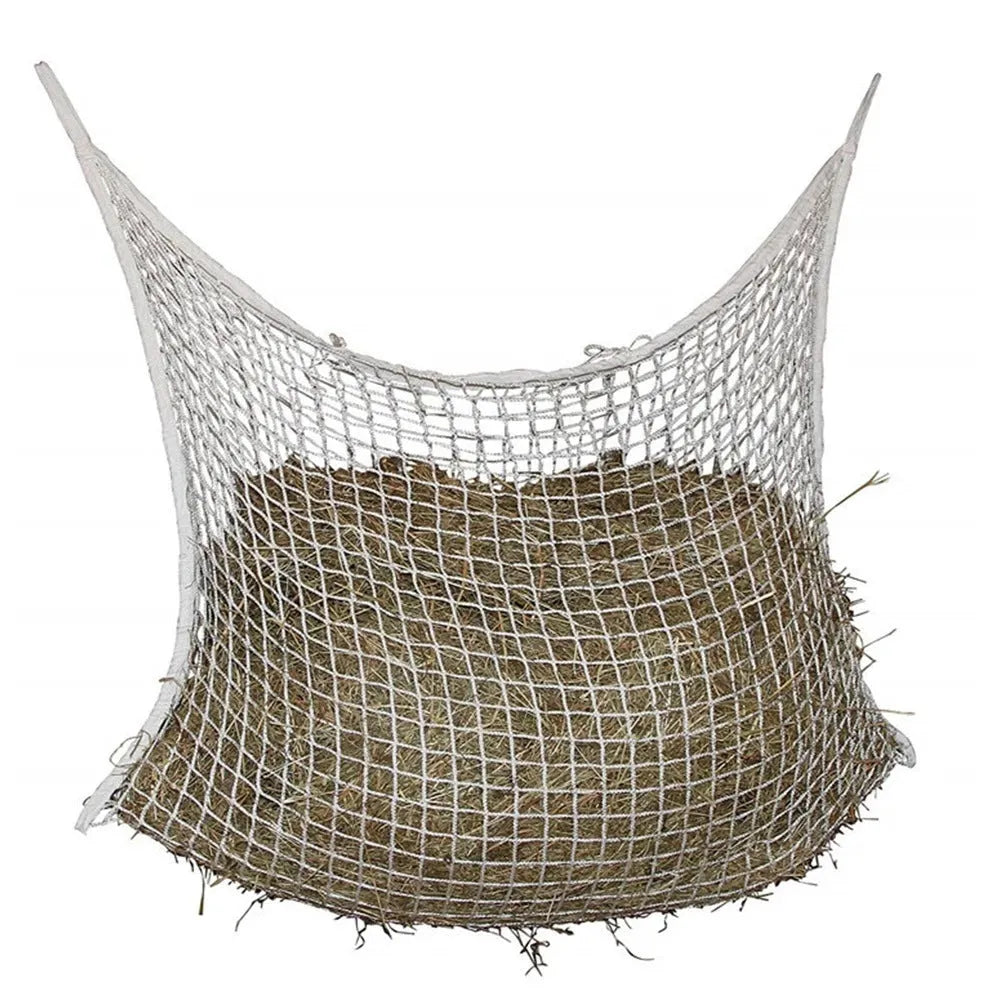 Black woven PE rope hanging feeding bag for horses, showing grid weave and hanging straps.