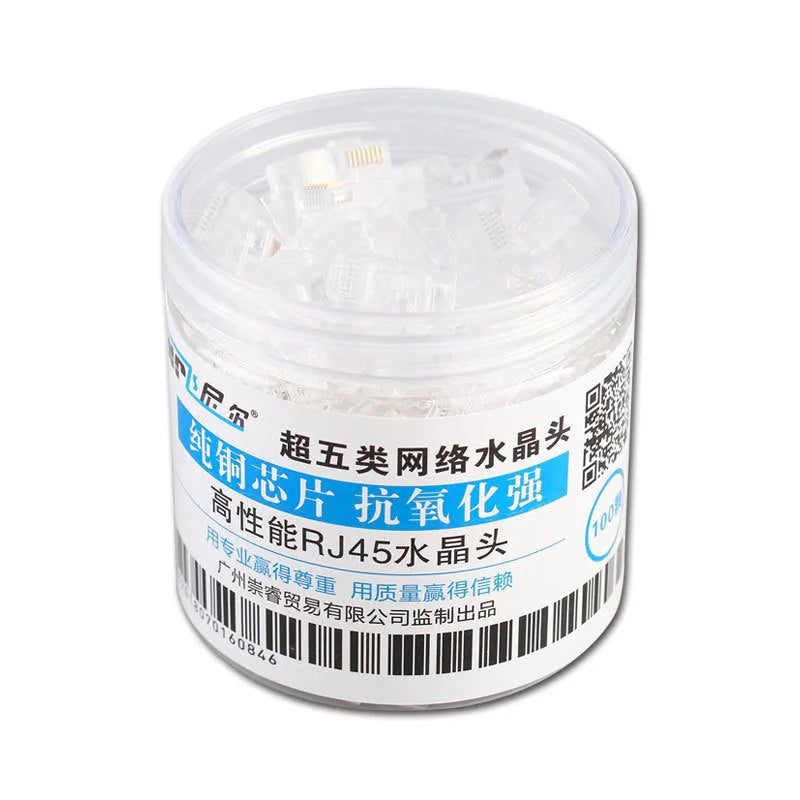 White Cat 6 RJ45 crystal head 100-piece can with gold-plated contacts and shielded jack options
