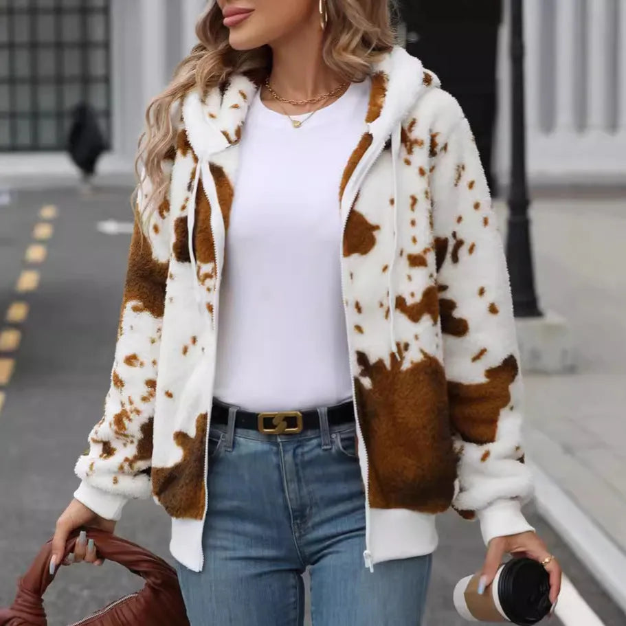 Yellow and brown cow print animal pattern hooded zip-up cardigan jacket for streetwear