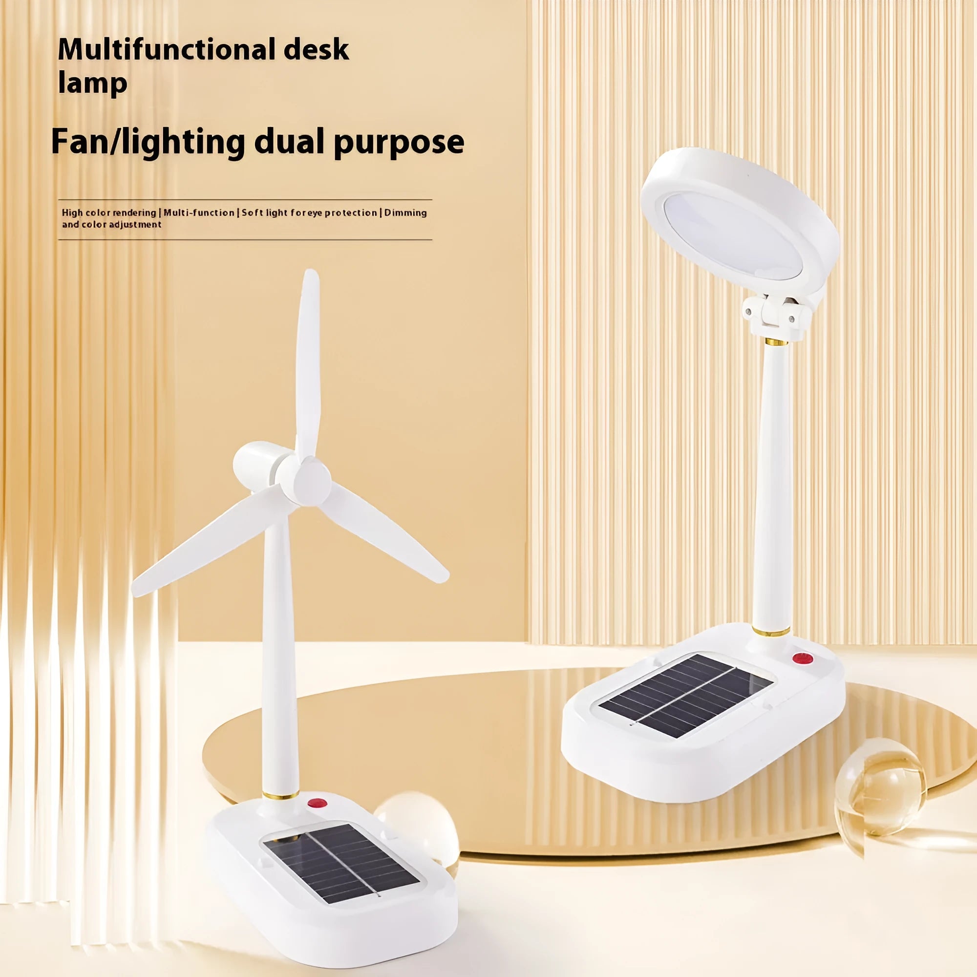 Ivory white solar table fan and LED study lamp combo with ABS shade and button controls