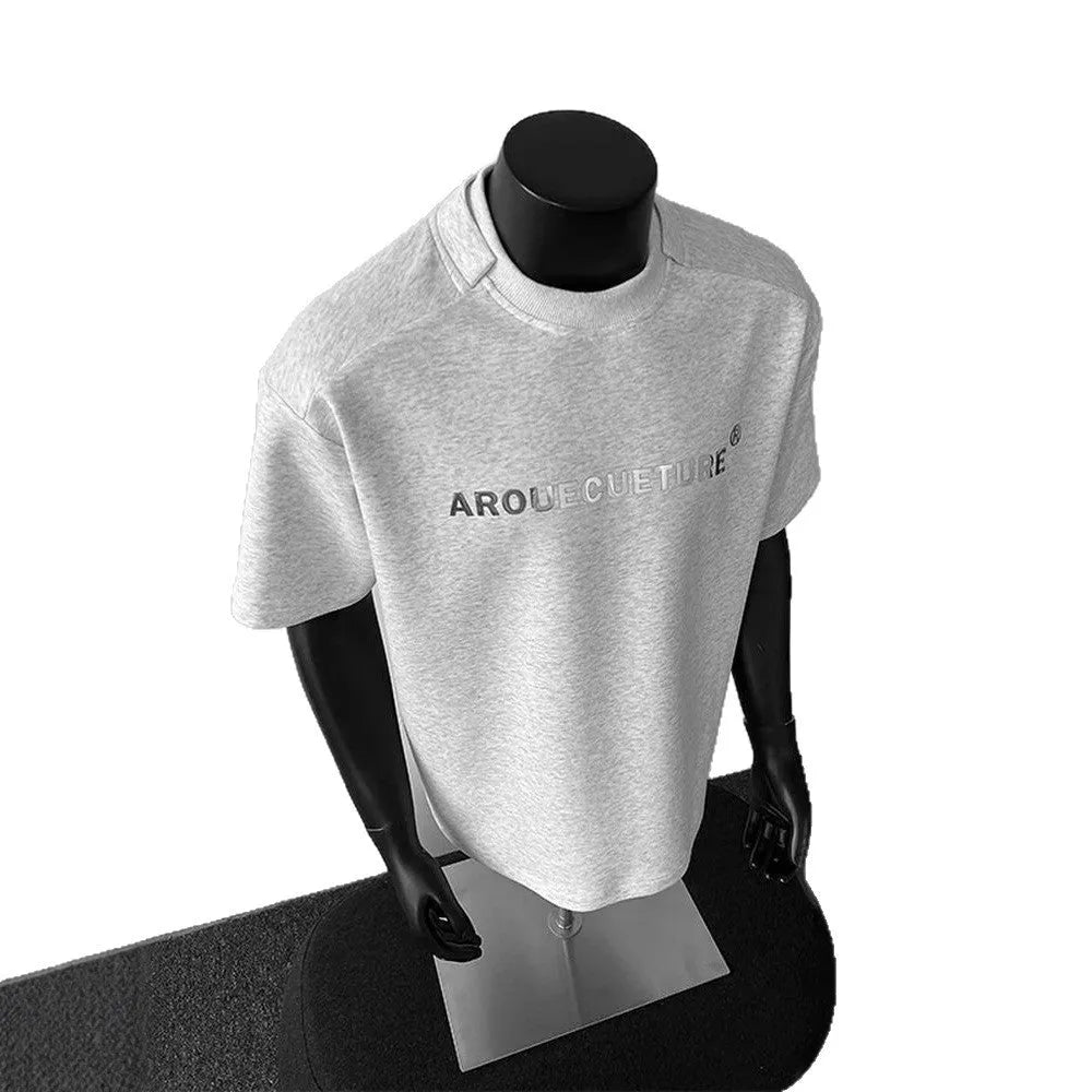 Men's pure cotton short sleeve t-shirt with letter pattern in loose fit, shown in light grey.