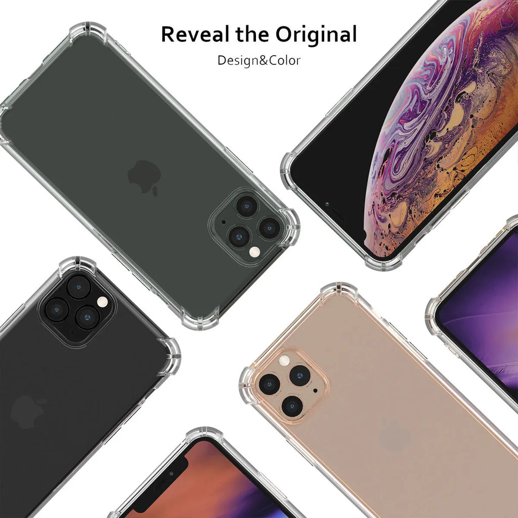 Transparent clear TPU shockproof phone case for Apple iPhone, shown on a table.