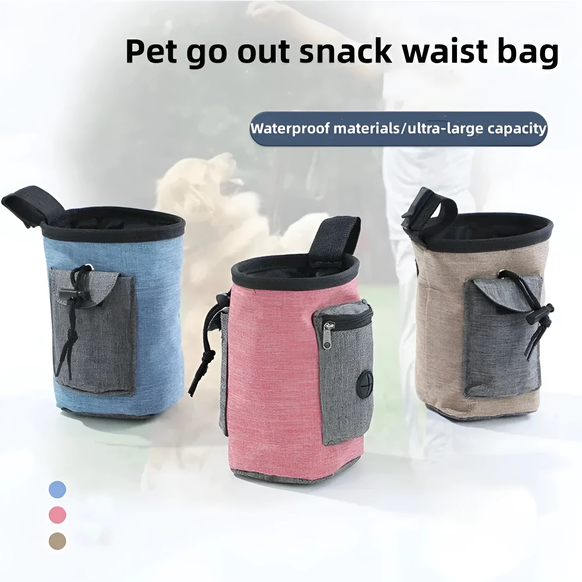Adjustable pet waist bag in blue with waterproof cloth and plastic side clip