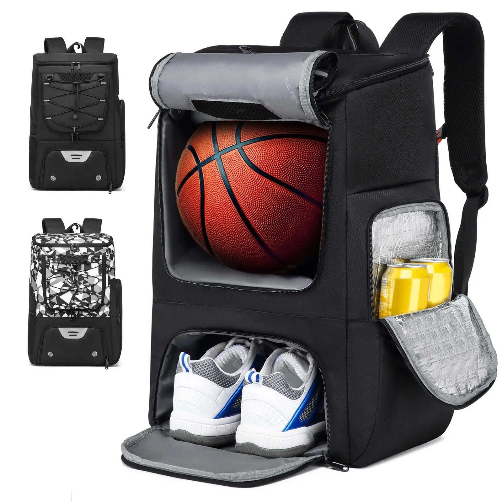 Black oxford cloth basketball training backpack with large main compartment.