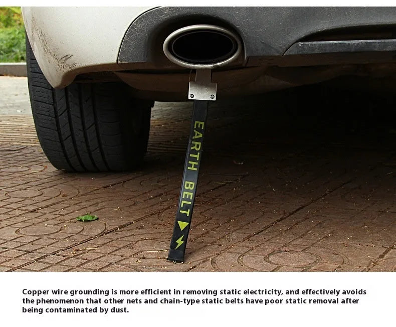 Black 370mm long car electrostatic grounding belt with rubber casing and metal clamp for vehicle static discharge.
