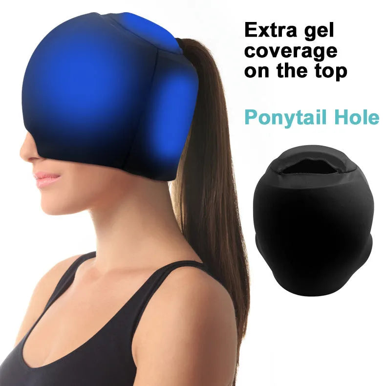 Solid colour fully enclosed cold compress cap in black, dark blue, or pink