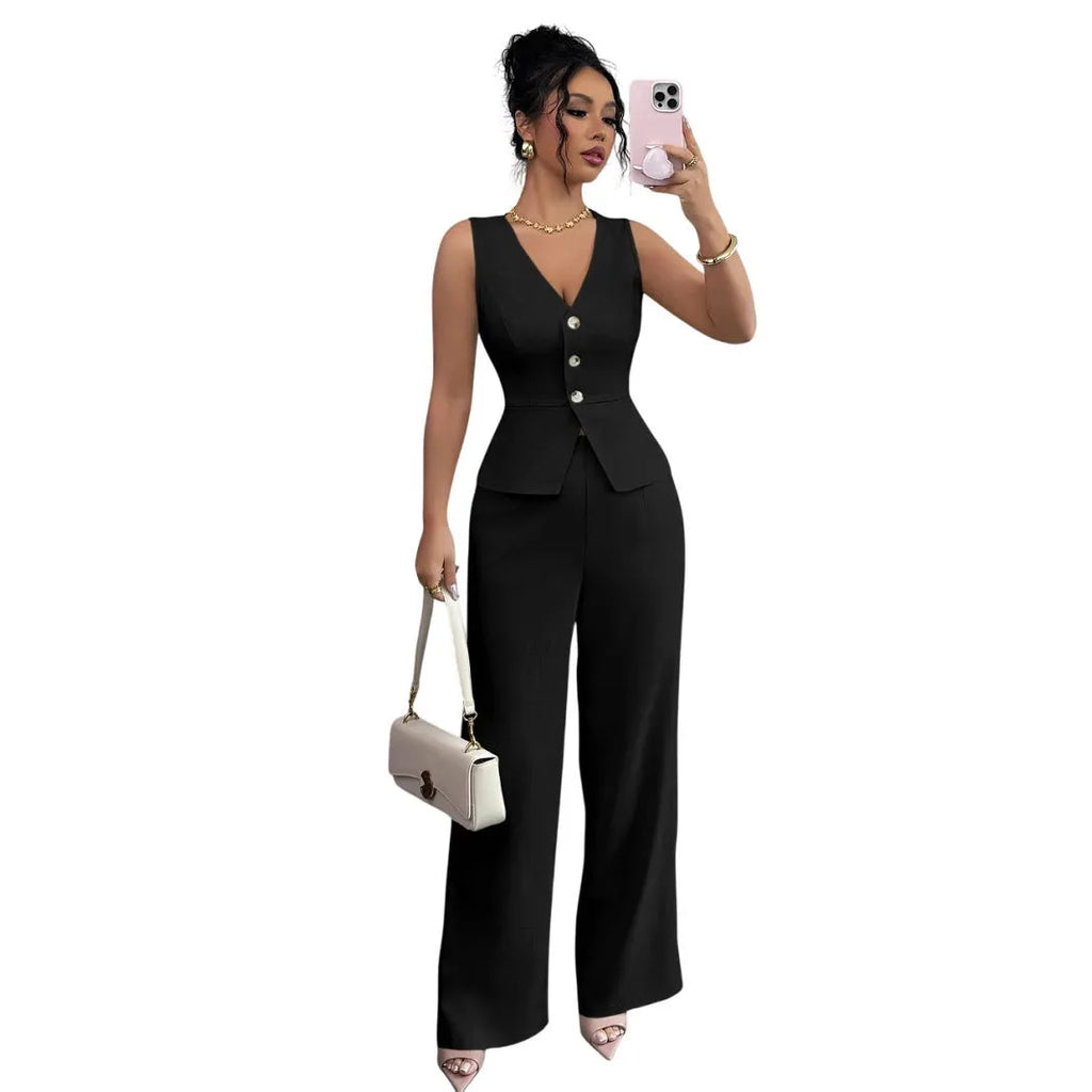 Women's solid colour sleeveless vest and high-waist trousers two-piece set in polyester fabric