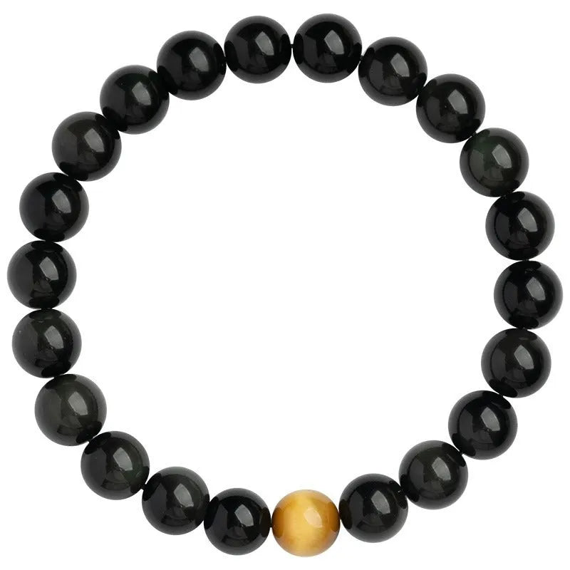 Natural black obsidian geometric bead bracelet on an adjustable string, showing 10mm bead size.