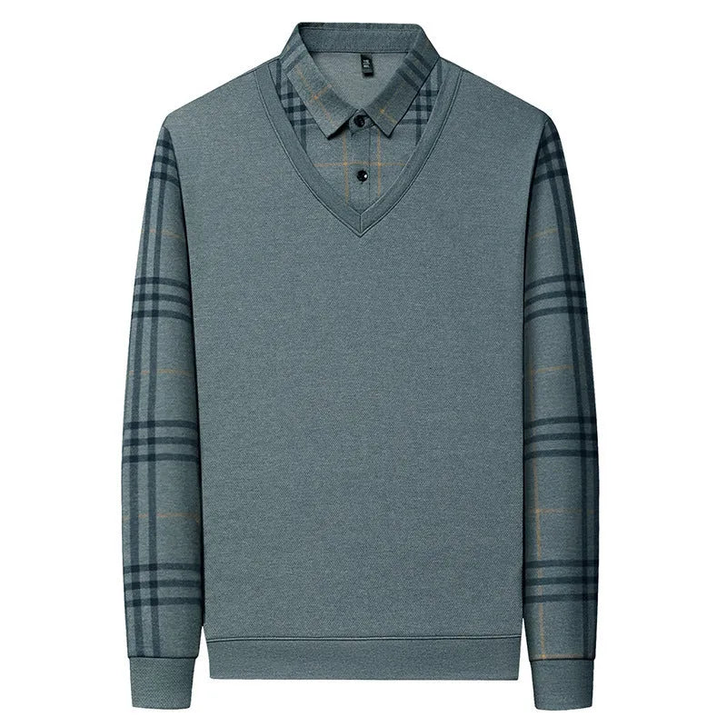 Fake two-piece lapel long-sleeved men's t-shirt in khaki, striped asymmetric design on a model