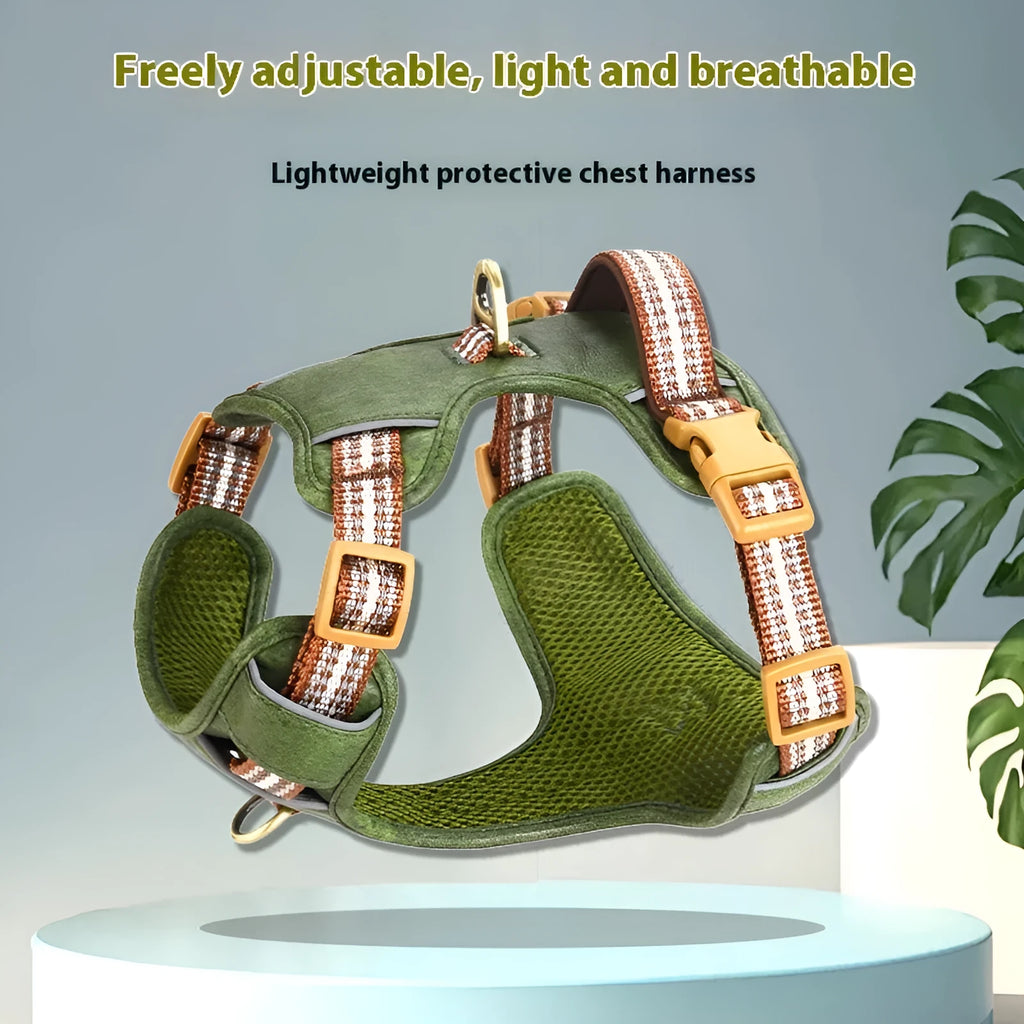 Brown explosion-proof reflective leather dog harness shown on dog with traditional design