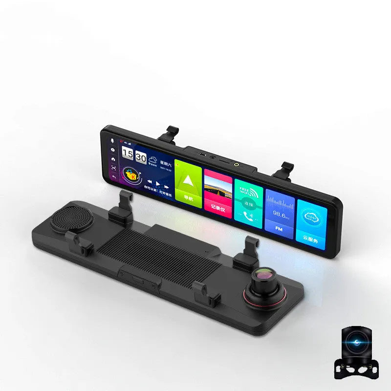 Black rearview mirror car dash cam with front and rear cameras for dual recording
