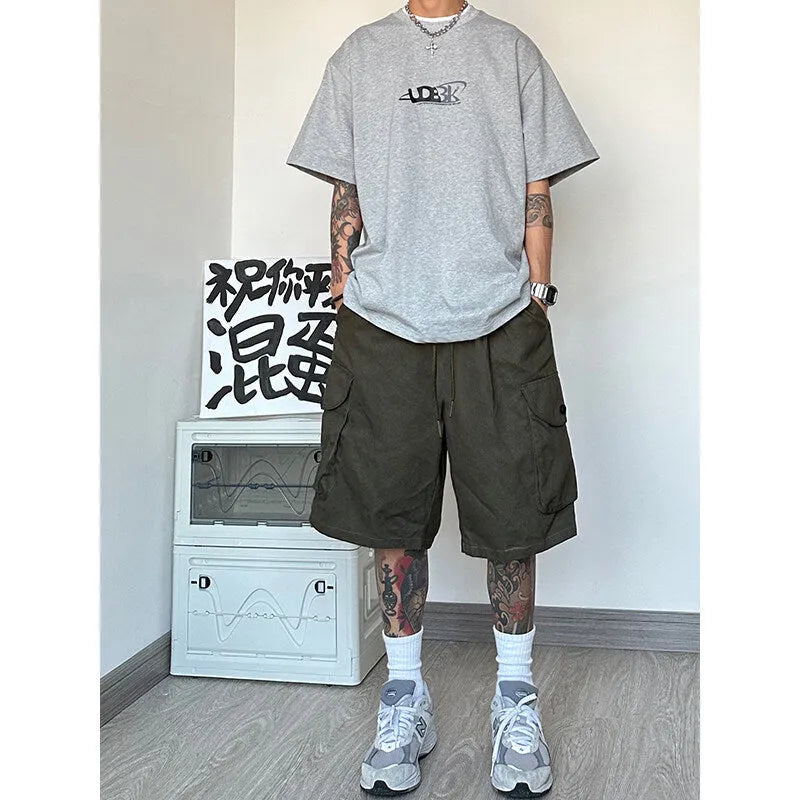 Loose straight-leg casual shorts in American sports style with micro elastic polyester fabric