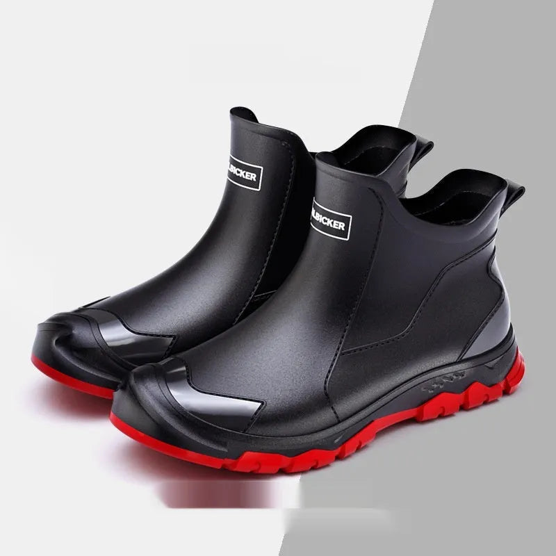 Korean style PVC short tube rain boots with plastic non-slip soles in black red colour option