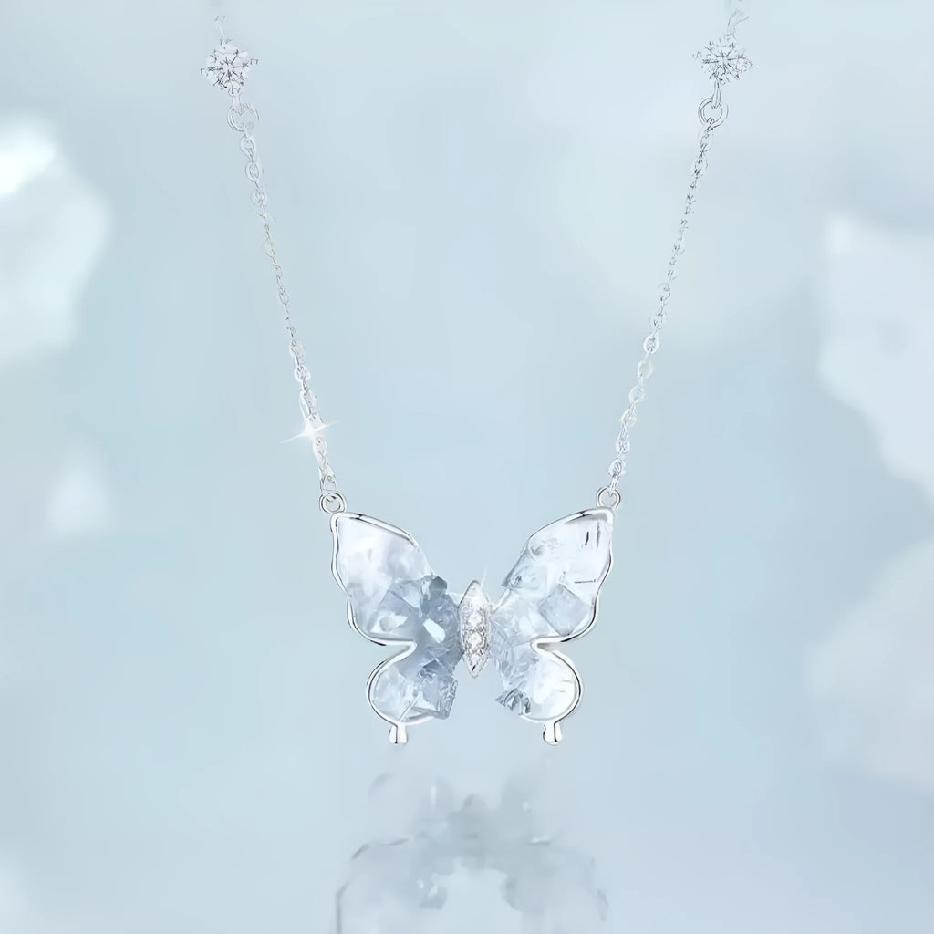 Close-up of a silver Bingyu Butterfly necklace with an ice rain pendant on an adjustable O-ring chain.
