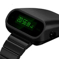 Multifunction electronic digital watch with black stainless steel strap, zinc alloy case, and OLED display.