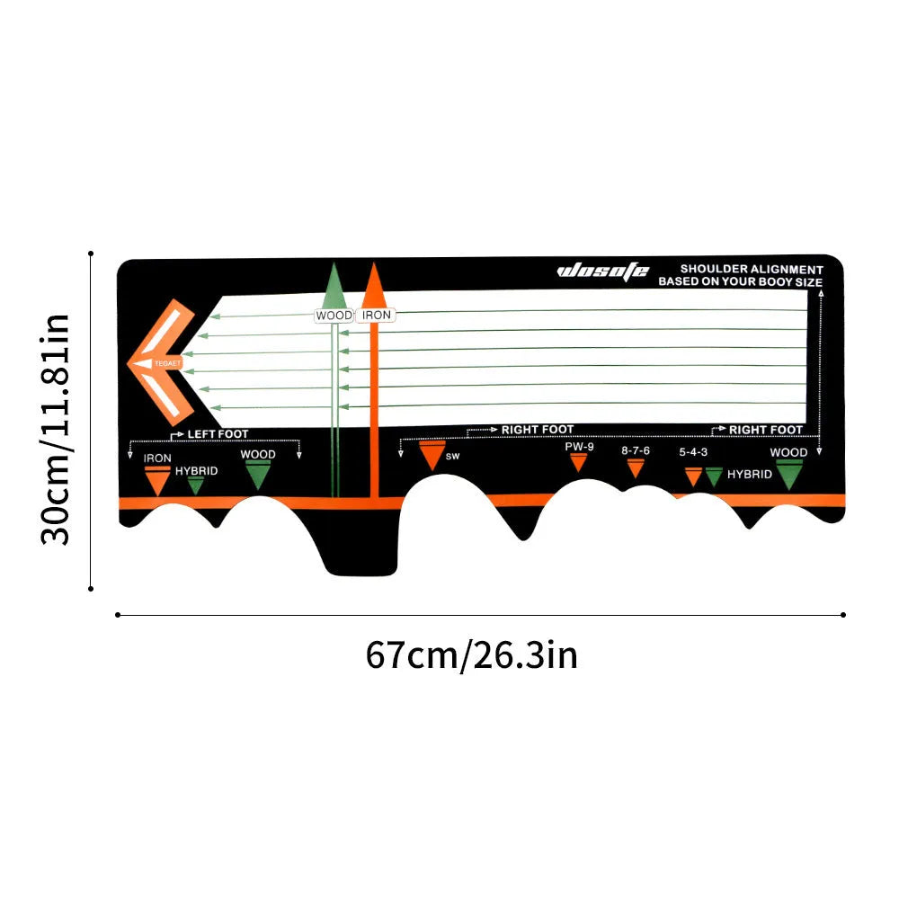 Black neoprene golf swing training pad with alignment markings on a green artificial turf surface.