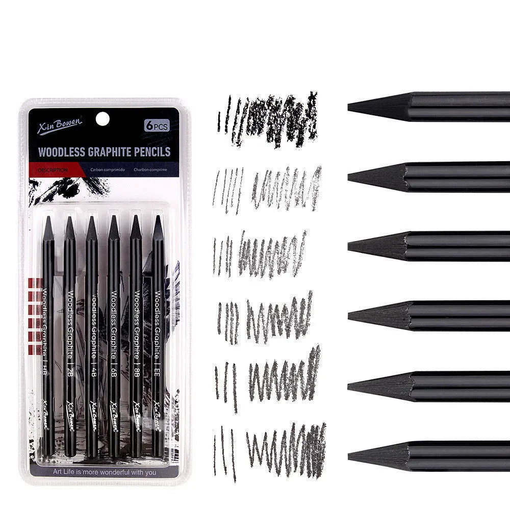 Six wood-free graphite sketching pencils showing different hardness grades HB 2B 4B 6B 8B EE