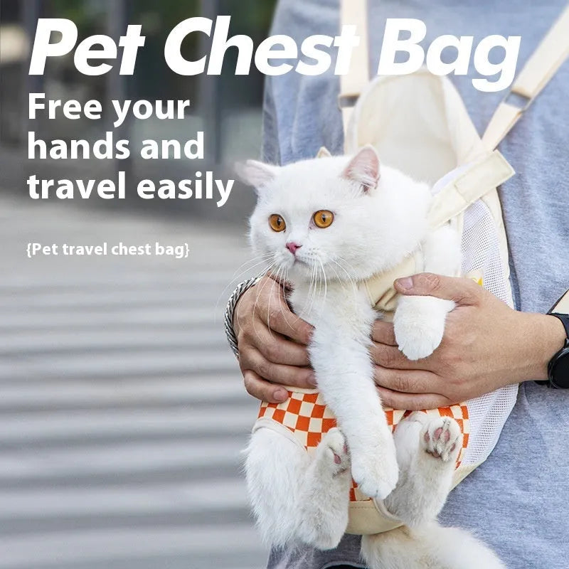 Soft non-woven canvas pet backpack for cats shown in purple, orange, and light grey colours.