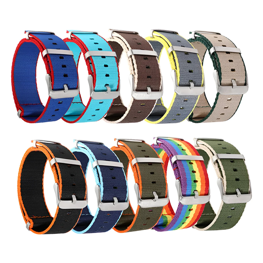 All-match waterproof colour hem nylon watchband in 20mm width on a watch, showing edge accent