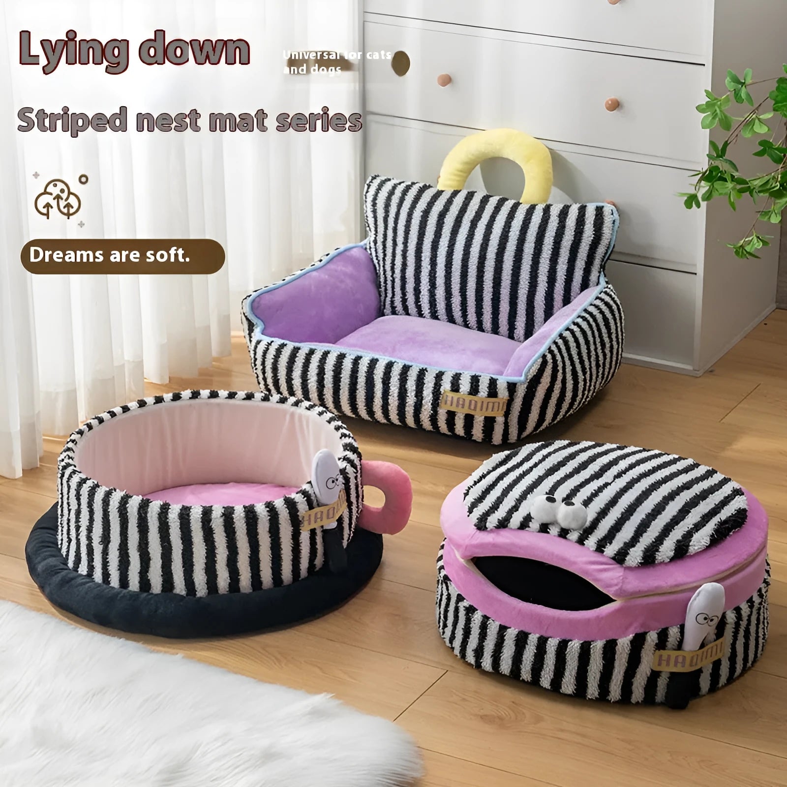 Super soft striped pet cat kennel free size sofa nest and big mouth nest set