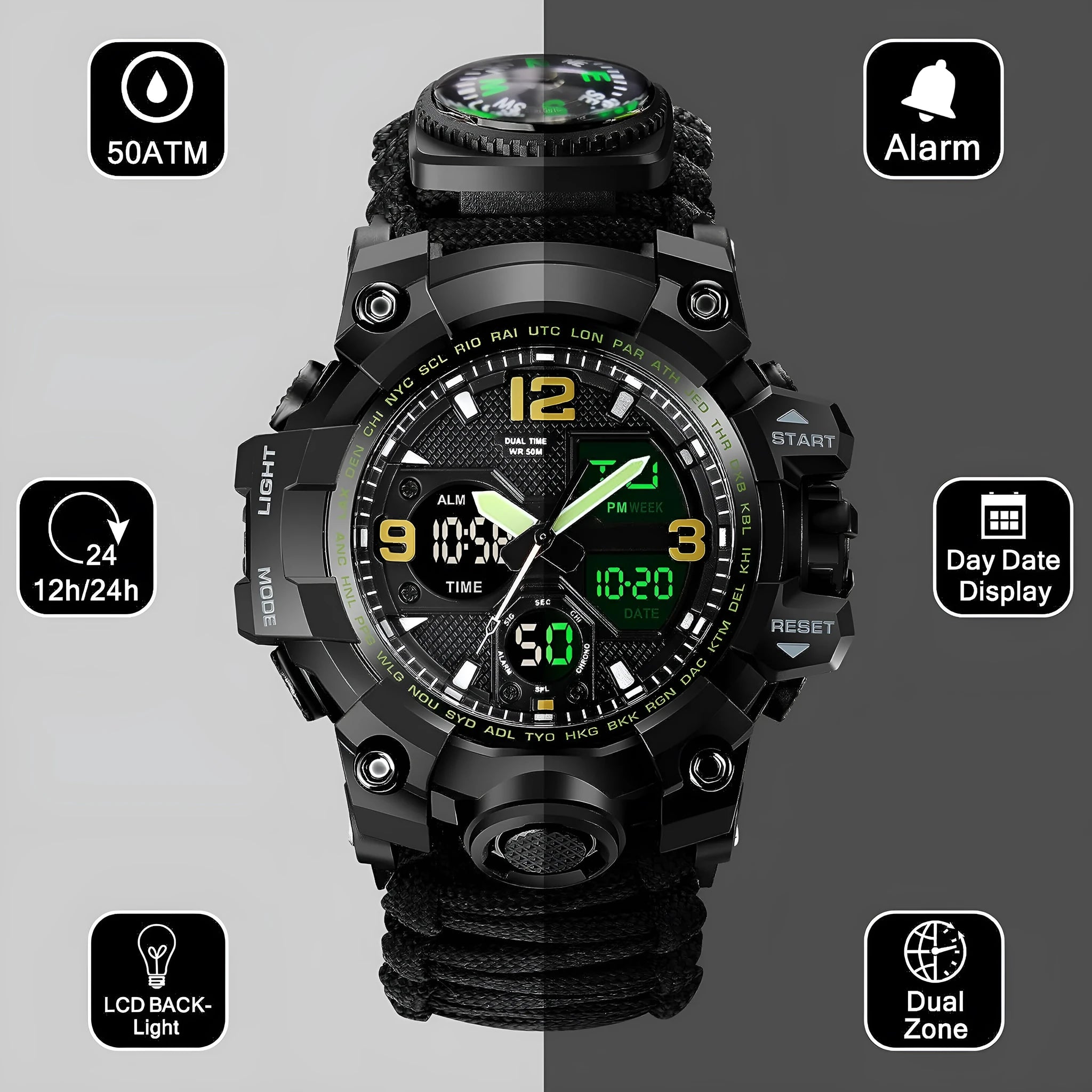 Waterproof dual display electronic tactical watch for men in black colour
