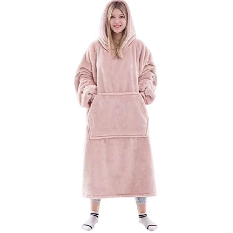 Flannel thick warm blanket hoodie for women in gray, long loose pullover with pockets