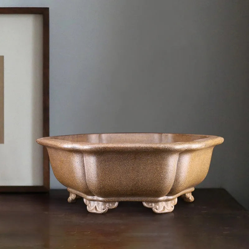 Handcrafted large hexagonal purple sand bonsai pot with five visible drainage holes.