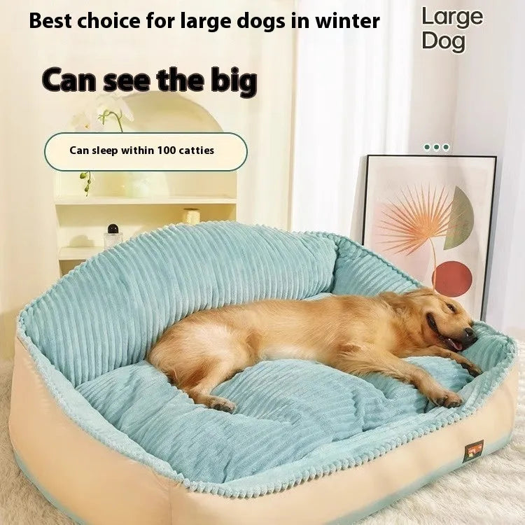 Morandi-coloured sofa-style dog mat with a removable cover, shown in two sizes for small and large pets.