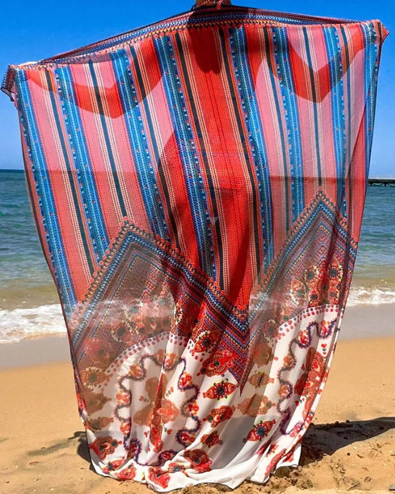 Women's three-piece swimsuit set showing high-waisted bikini bottom, cutout blouse, and matching cover-up coat in a printed design.