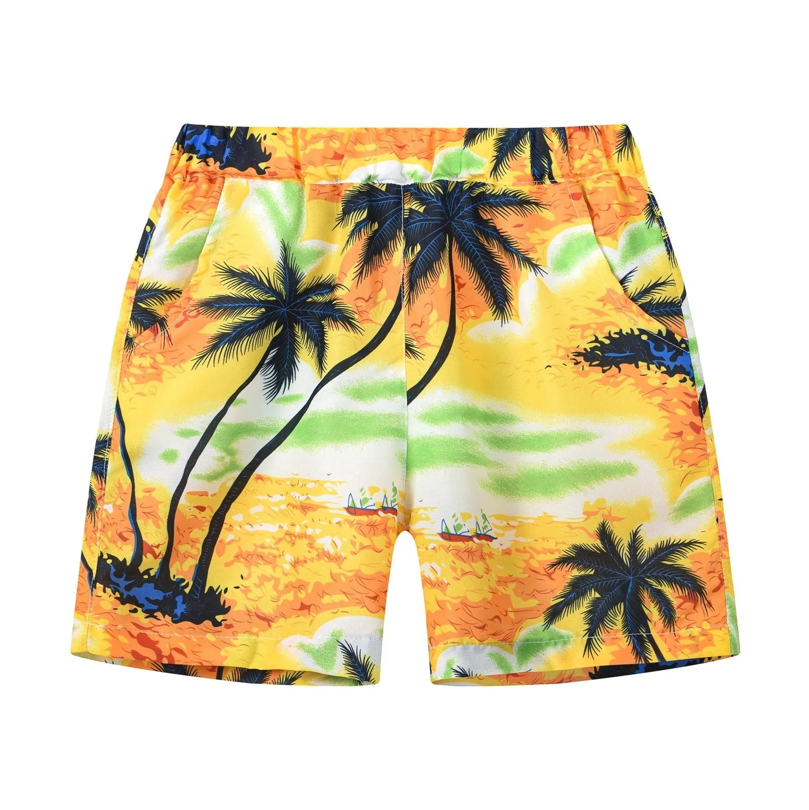 Colourful printed beach shorts with elasticated waistband showing coconut tree design