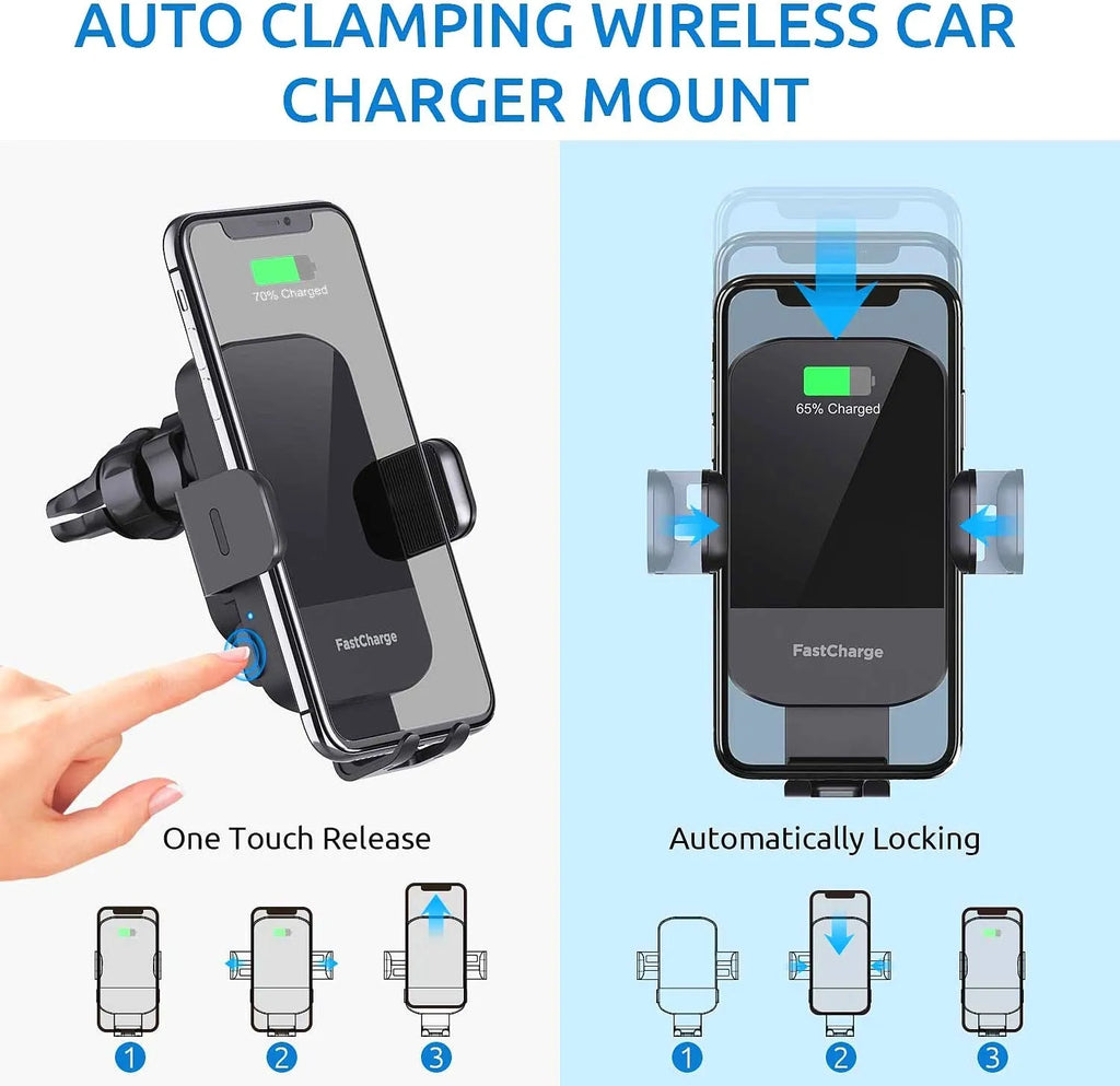 Black car wireless charging stand with 15W fast charging mounted on dashboard