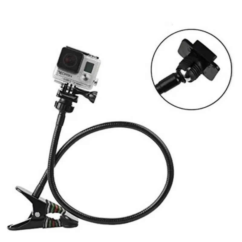 Black universal metal webcam support hose bracket with cellphone holder attached to desk