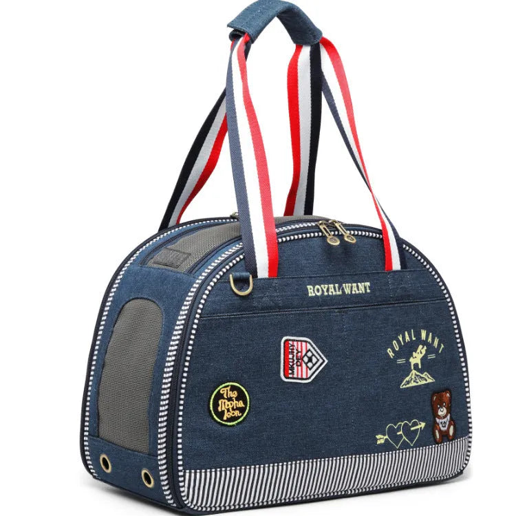 Blue denim Japanese style pet diaper bag with cartoon pattern measuring 43cm long