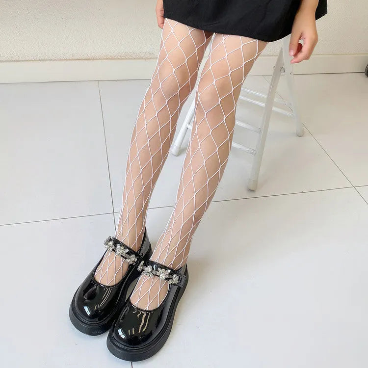 Women's mesh stockings showing large, medium and small net patterns in black and white colours