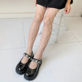 Women's mesh stockings showing large, medium and small net patterns in black and white colours