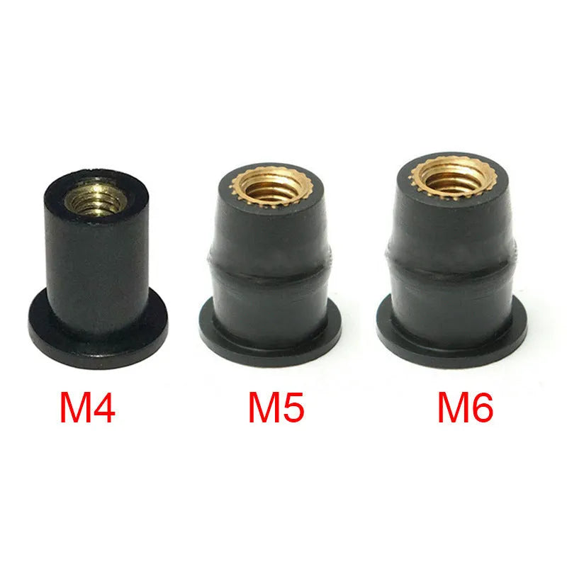Black motorcycle well nut fasteners with brass threads in M4, M5, and M6 sizes for panel mounting.