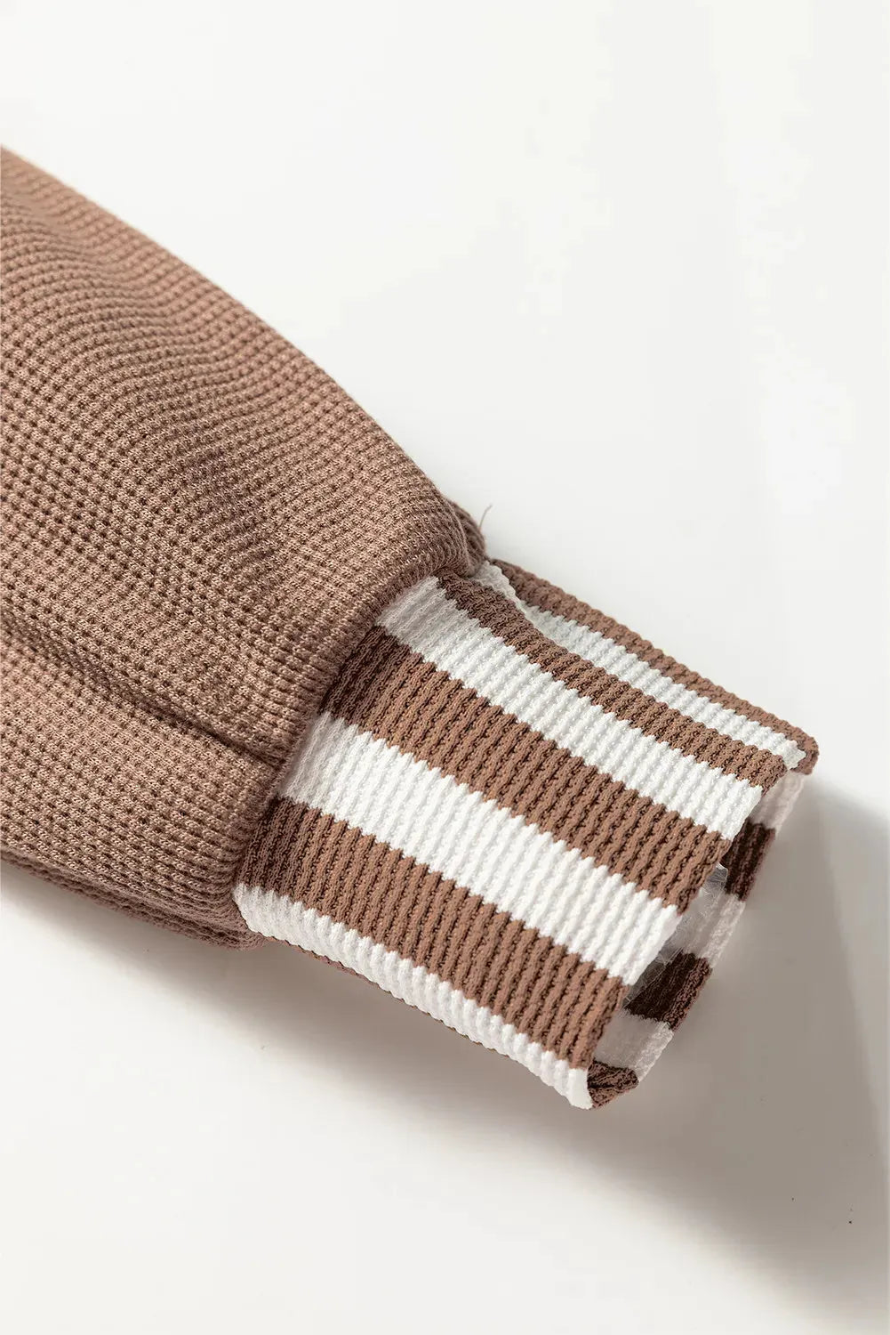 Straw yellow waffle texture striped patchwork hoodie with button neck and drawstring hood