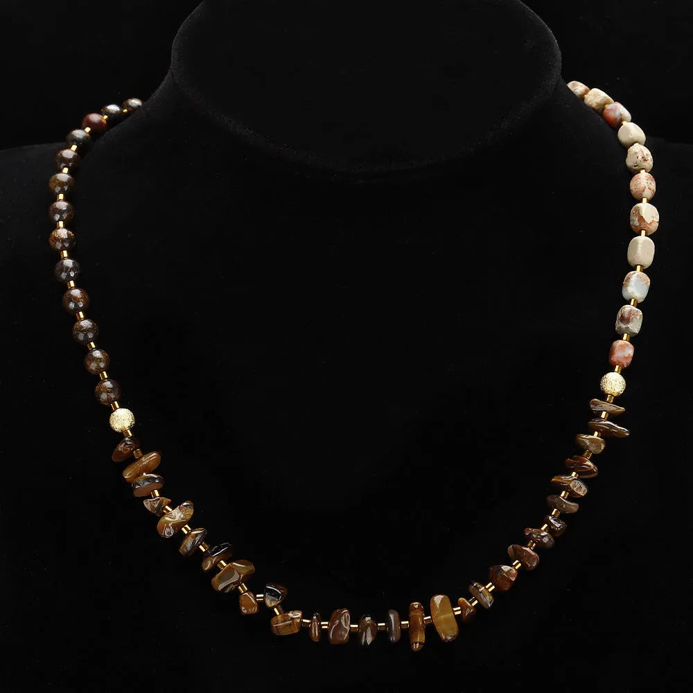 Brown Tigereye stone and bronze geometric bracelet with manual craftsmanship details