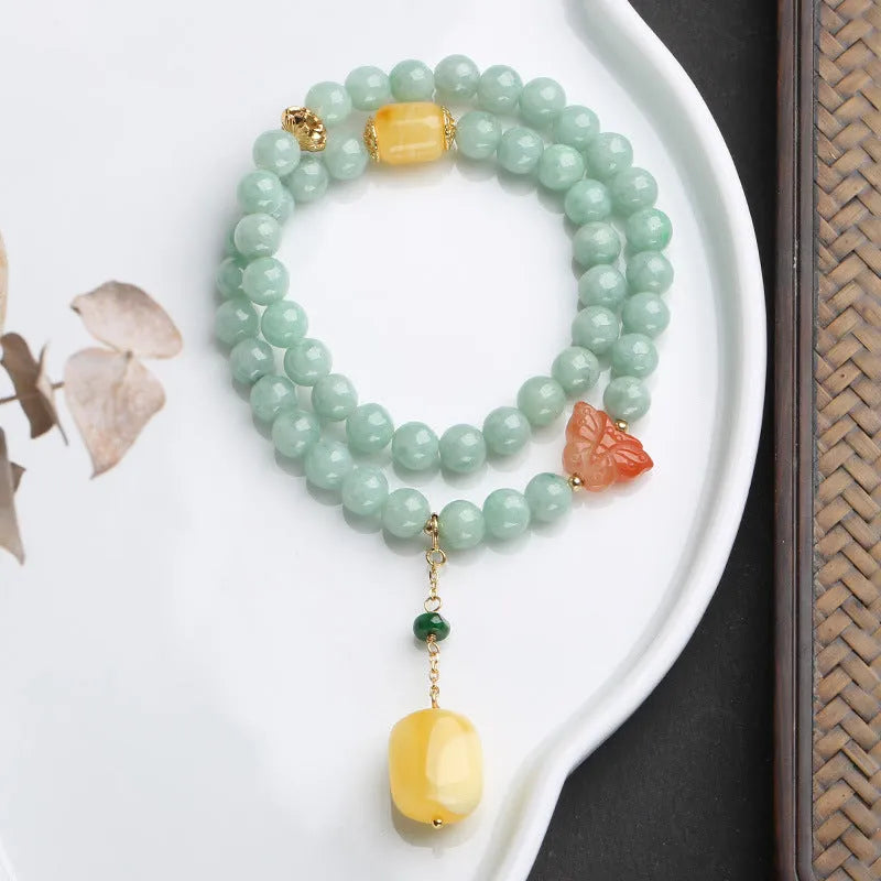 Double-layer jade and beeswax retro bracelet with geometric bead arrangement