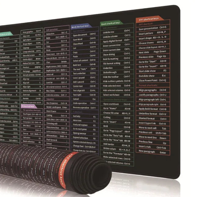 Large office mouse mat with printed English keyboard shortcut keys on natural rubber surface
