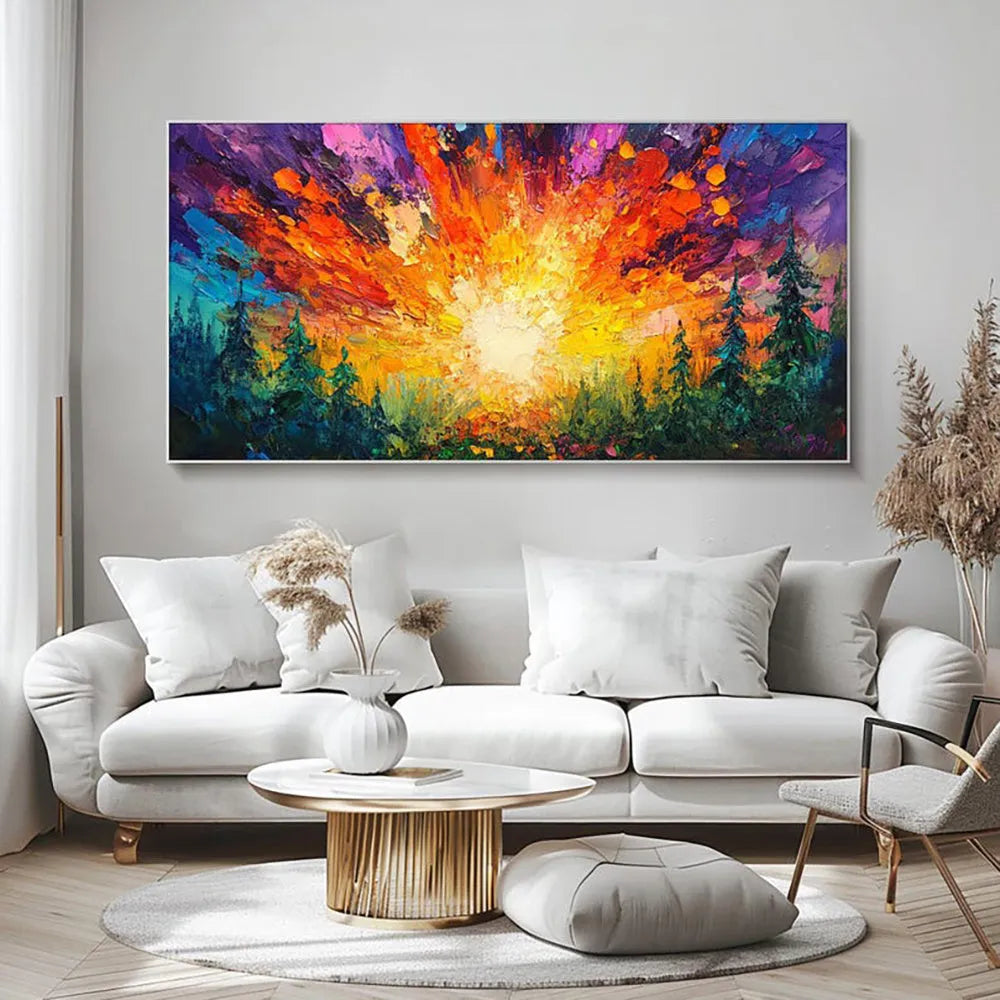 Hand-painted oil painting of a sun rising in a deep forest with brilliant light, square canvas wall art without frame