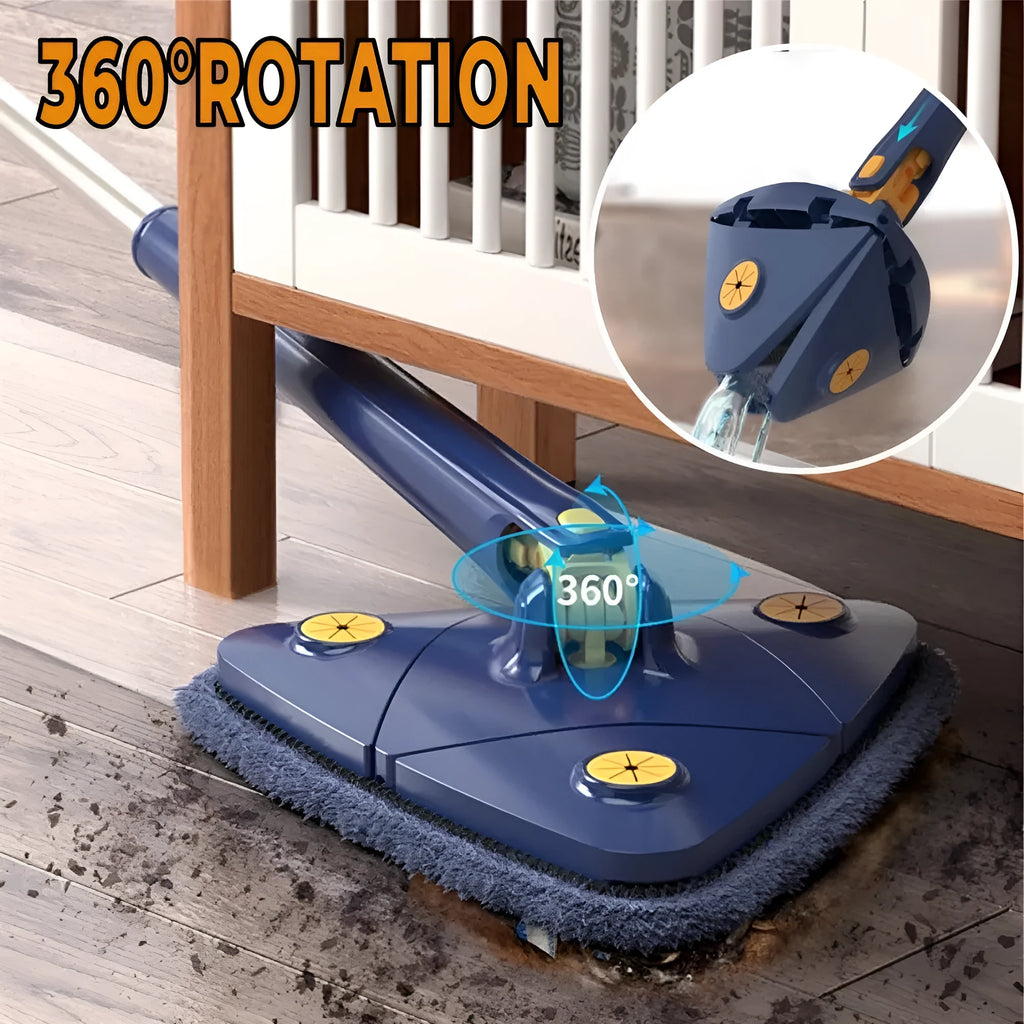 Blue triangle cleaning mop with 360° rotating head and extendable stainless steel pole