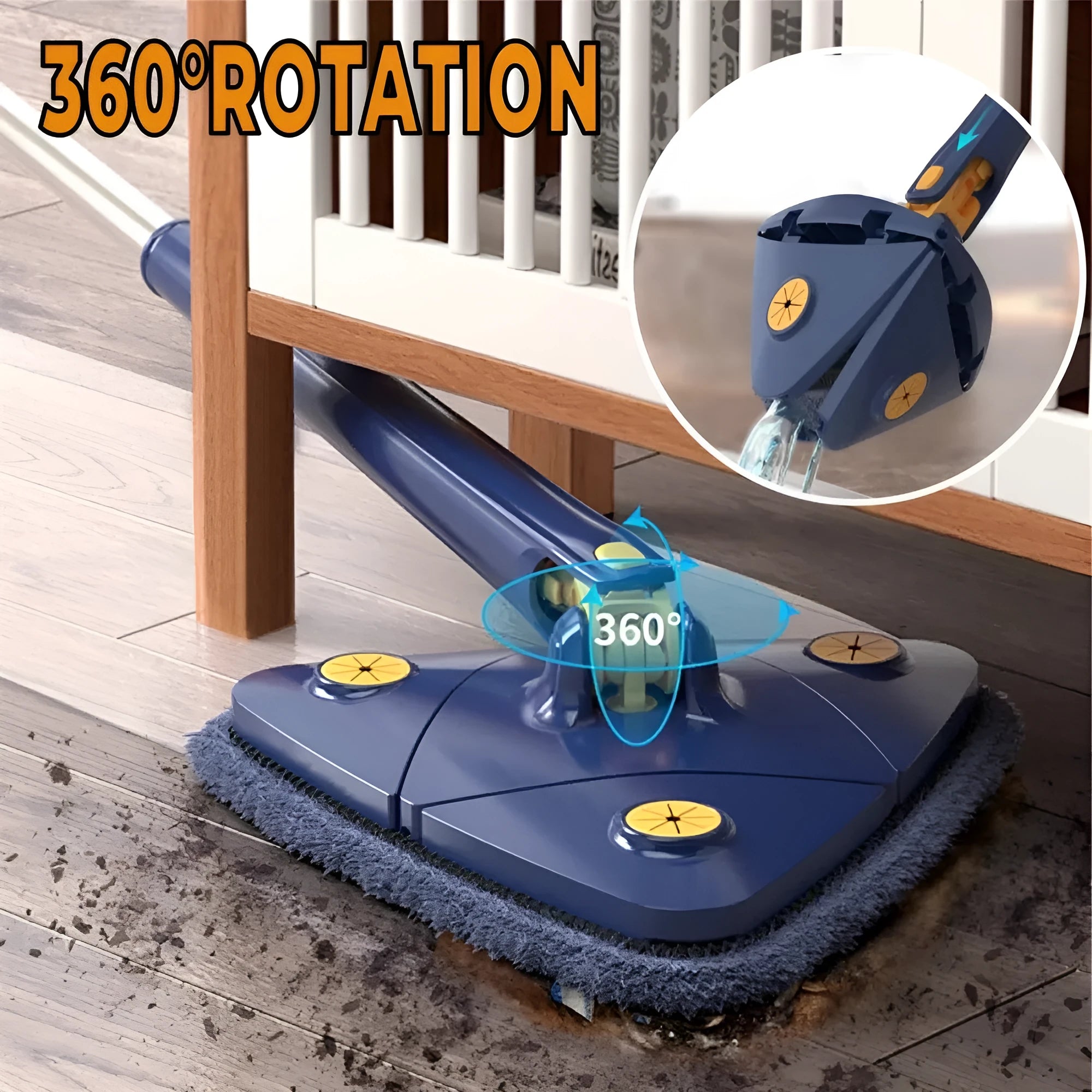 Blue triangle cleaning mop with 360° rotating head and extendable stainless steel pole